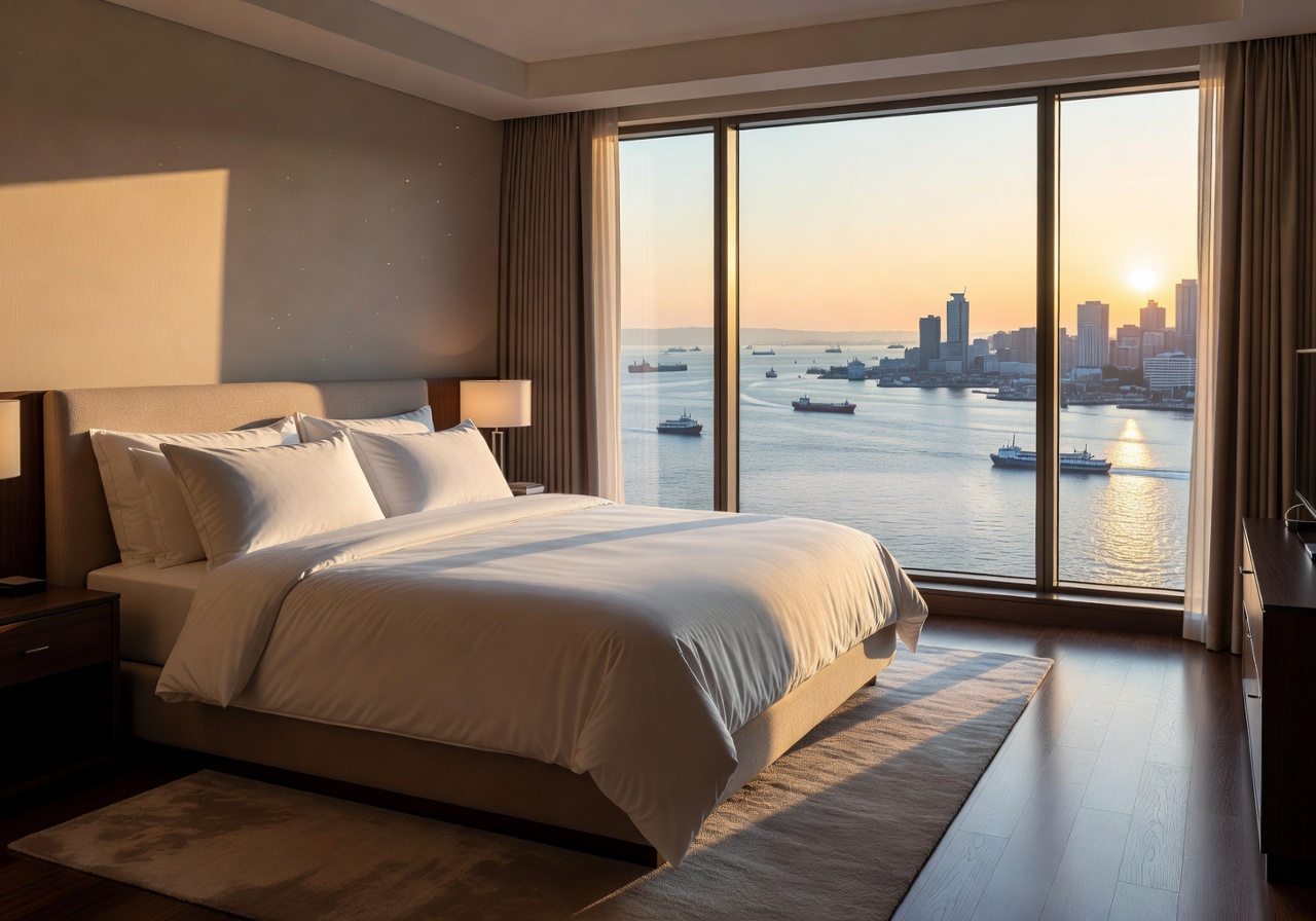 Deluxe Room interior with king bed and harbor view