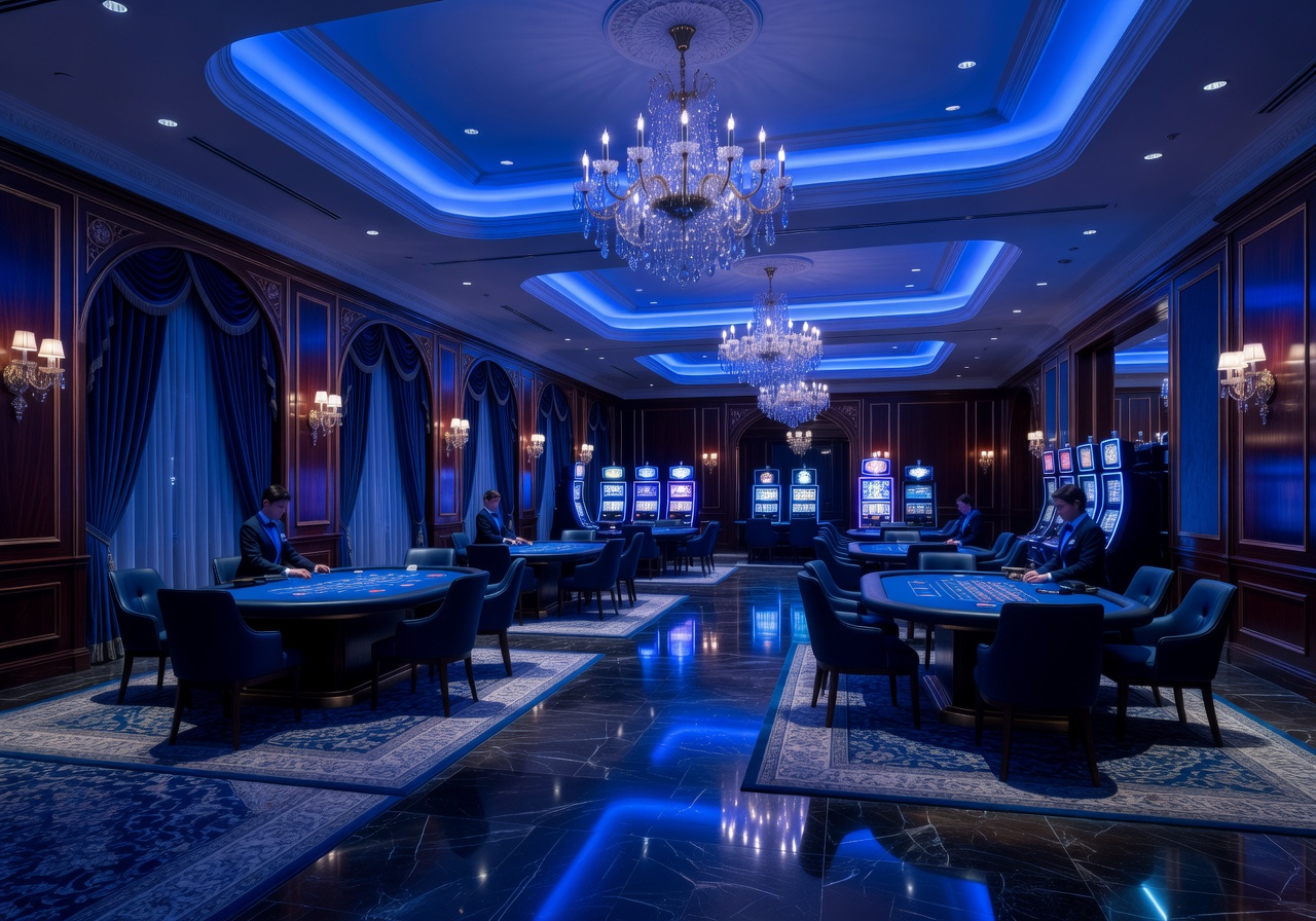 Elegant casino interior with blue lighting