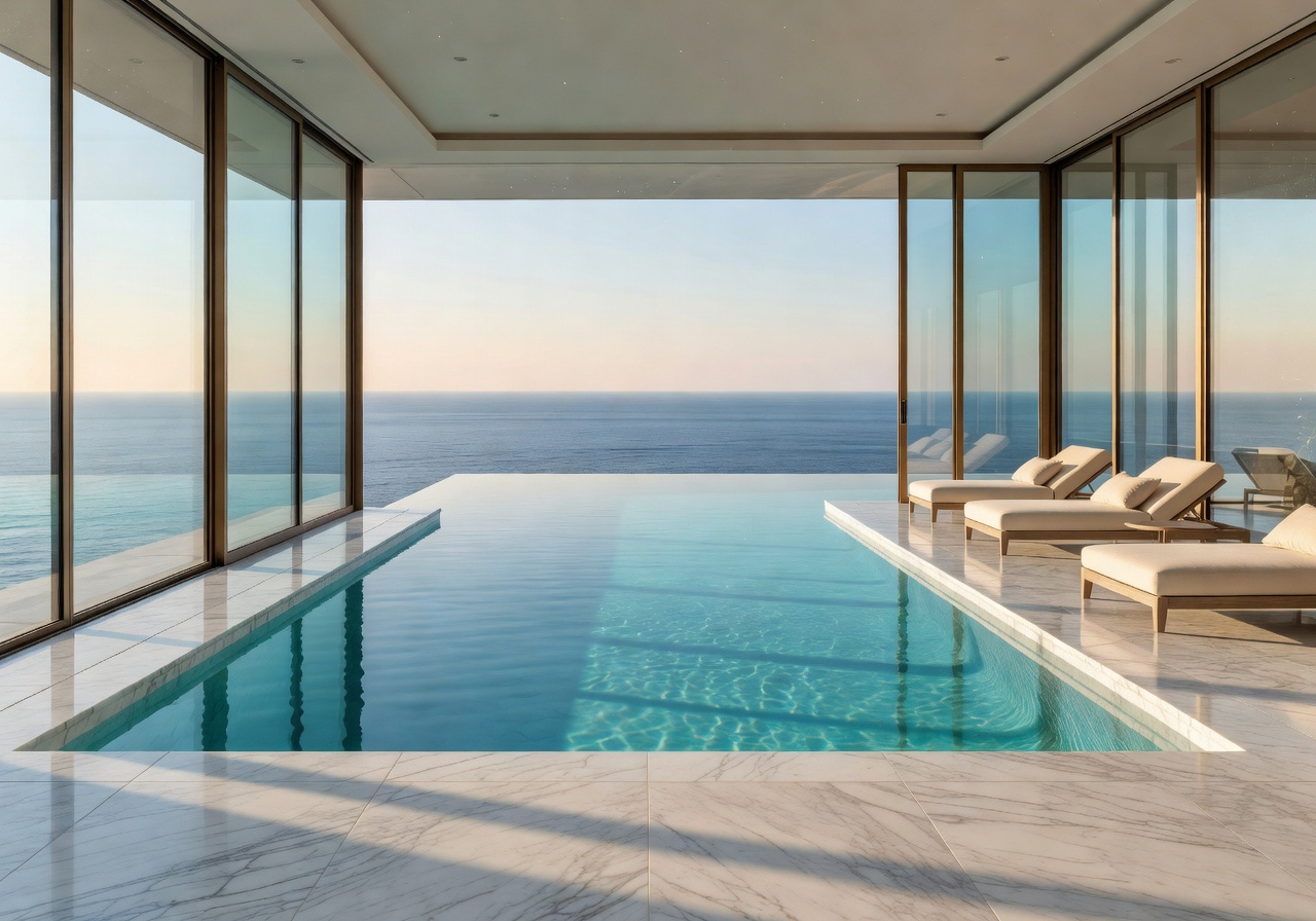 Luxury indoor pool overlooking sea