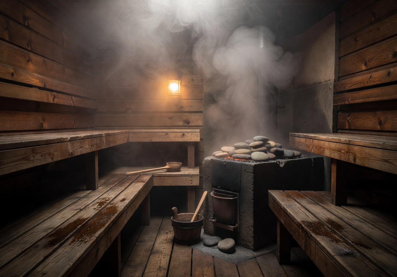 Traditional Finnish wood sauna interior